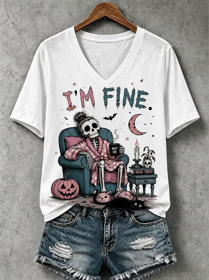 Halloween I'm Fine V-Neck T-Shirt Halloween Themed Apparel Gift For Wife - Foxy23shop