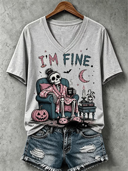 Halloween I'm Fine V-Neck T-Shirt Halloween Themed Apparel Gift For Wife - Foxy23shop