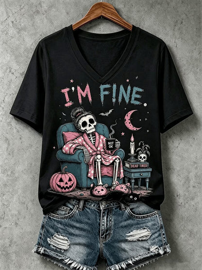 Halloween I'm Fine V-Neck T-Shirt Halloween Themed Apparel Gift For Wife - Foxy23shop