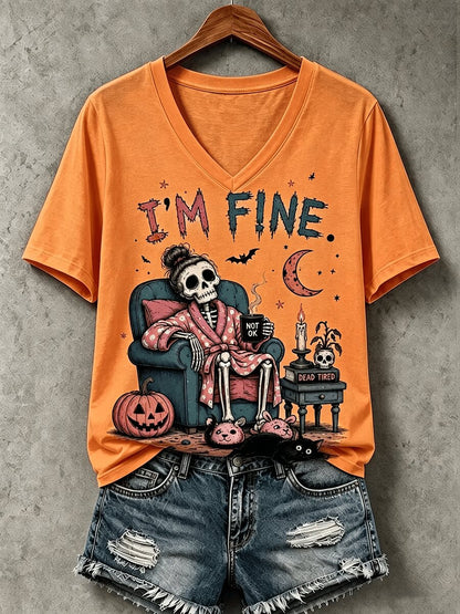 Halloween I'm Fine V-Neck T-Shirt Halloween Themed Apparel Gift For Wife - Foxy23shop