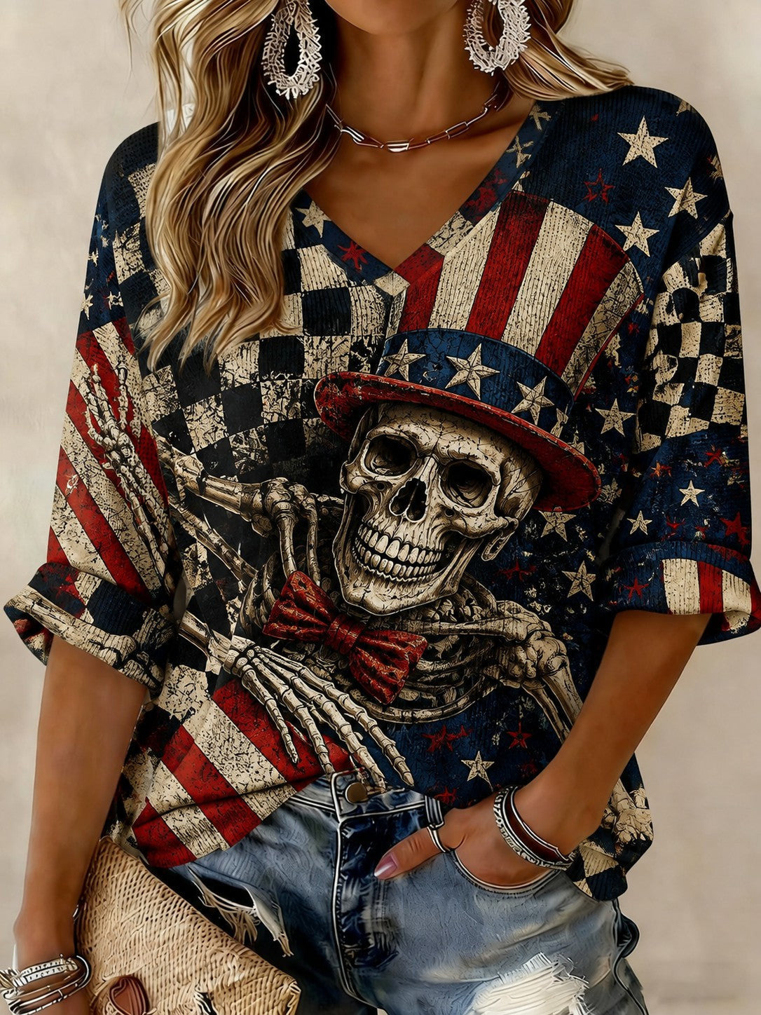 Patriotic Skeleton Uncle Sam Hat V-Neck Raglan Shirt Patriotic Halloween Costume Gift For Her - Foxy23shop