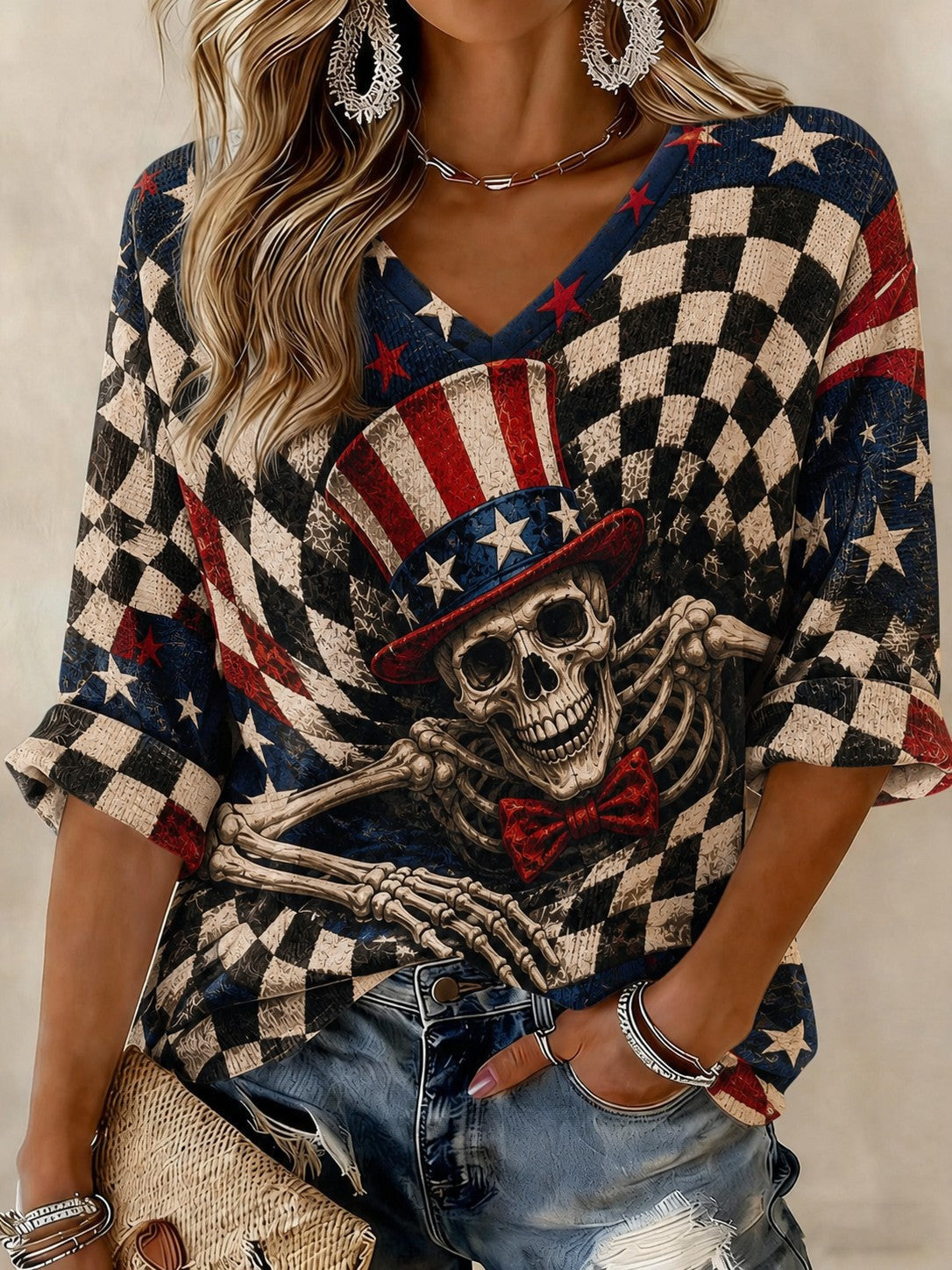 Patriotic Skeleton Uncle Sam Hat V-Neck Raglan Shirt 4th of July Halloween Costume Gift Idea - Foxy23shop