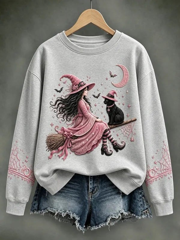 Cute Pink Witch Era Sweatshirt Breast Cancer Awareness Gear Halloween Gift Idea - Foxy23shop
