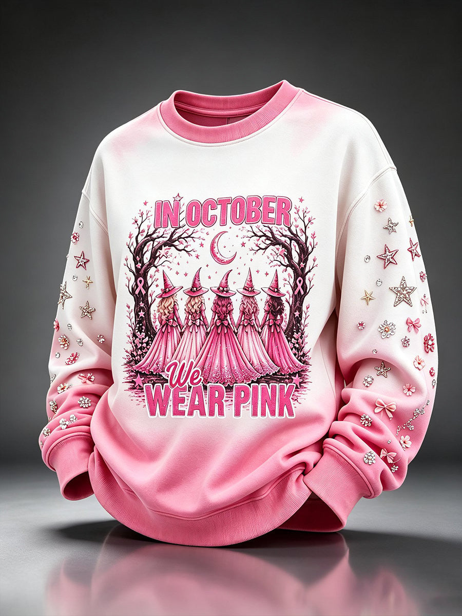 In October We Wear Pink Sweatshirt Pink Ribbon Witchy Era Clothes Halloween Gift - Foxy23shop