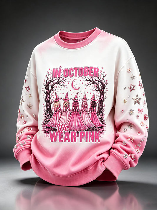 In October We Wear Pink Sweatshirt Pink Ribbon Witchy Era Clothes Halloween Gift - Foxy23shop