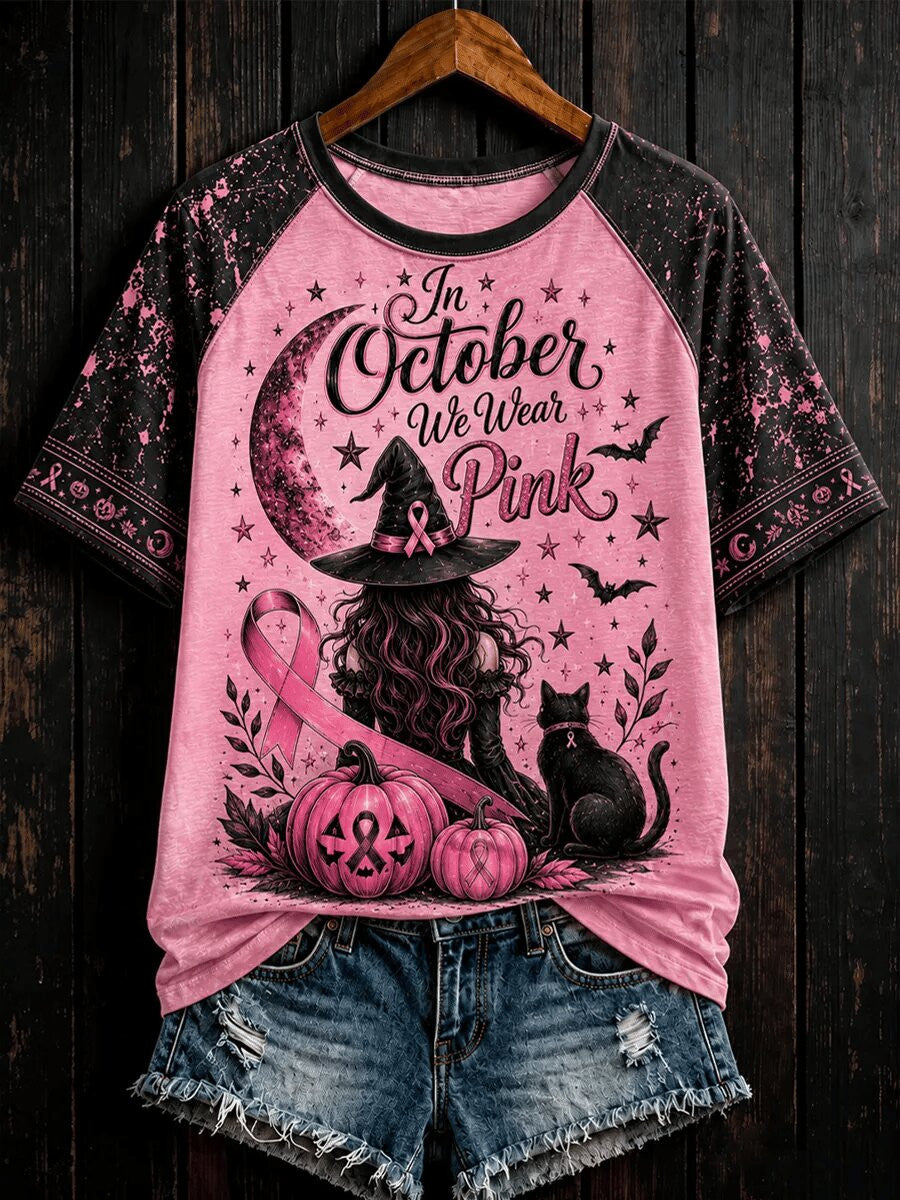 In October We Wear Pink T-Shirt Breast Cancer Awareness Witch Clothes Halloween Gift - Foxy23shop