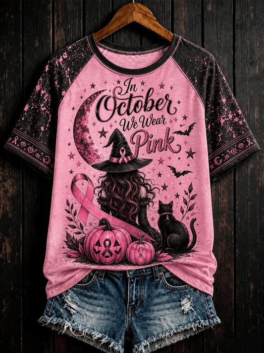 In October We Wear Pink T-Shirt Breast Cancer Awareness Witch Clothes Halloween Gift - Foxy23shop