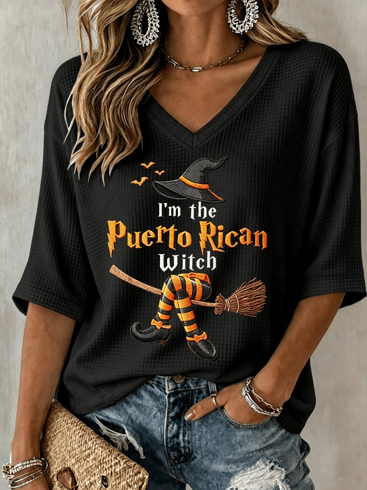 Halloween In Puerto Rico Witch V-Neck Raglan Shirt Spooky Season Clothes Gift For Her - Foxy23shop