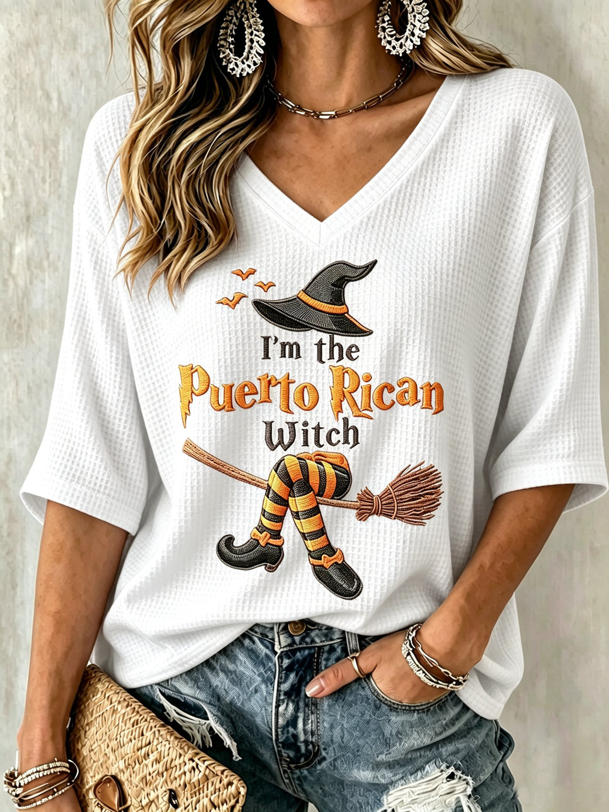 Halloween In Puerto Rico Witch V-Neck Raglan Shirt Spooky Season Clothes Gift For Her - Foxy23shop