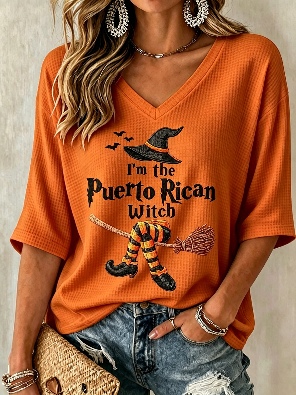 Halloween In Puerto Rico Witch V-Neck Raglan Shirt Spooky Season Clothes Gift For Her - Foxy23shop