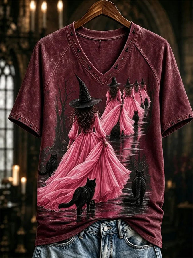 Pink Witch Era V-Neck Shirt Halloween Spooky Season Apparel Breast Cancer Awareness Gift - Foxy23shop