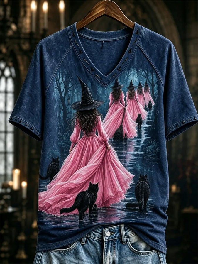 Pink Witch Era V-Neck Shirt Halloween Spooky Season Apparel Breast Cancer Awareness Gift - Foxy23shop