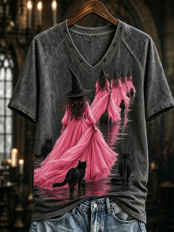 Pink Witch Era V-Neck Shirt Halloween Spooky Season Apparel Breast Cancer Awareness Gift - Foxy23shop