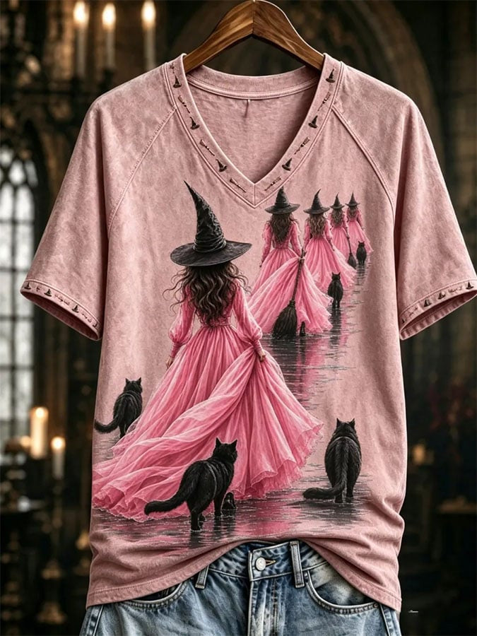 Pink Witch Era V-Neck Shirt Halloween Spooky Season Apparel Breast Cancer Awareness Gift - Foxy23shop