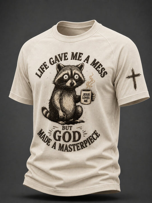 Life Gave Me A Mess But God Made A Masterpiece T-Shirt Funny Raccoon Christian Clothes Gift Idea - Foxy23shop