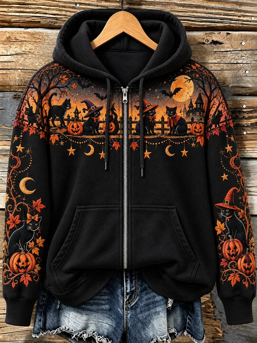 Halloween Witch Cat Zip Up Hoodie Halloween Hooded Sweatshirt Gifts For Mom