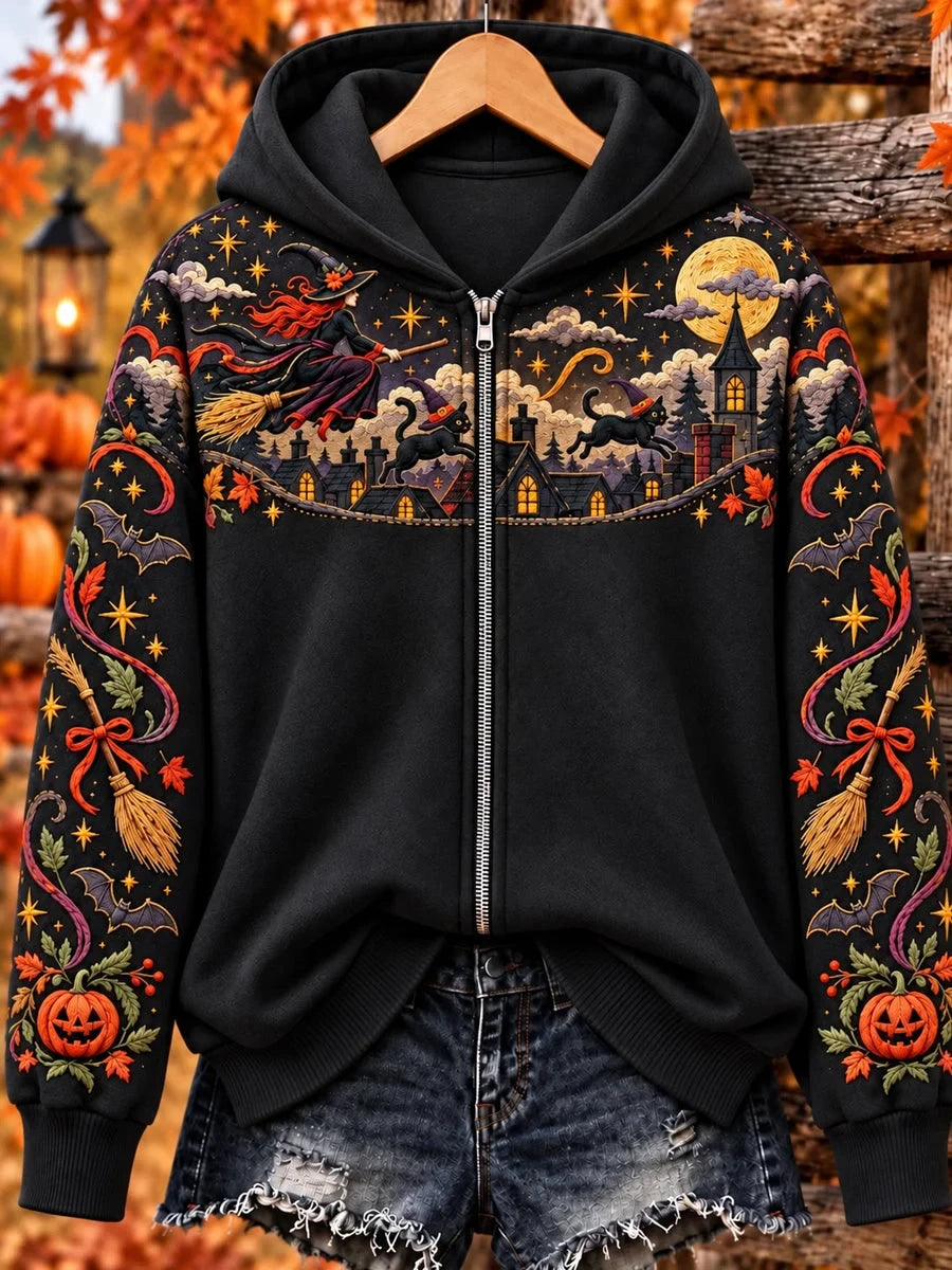 Halloween Witch Cat Zip Up Hoodie Scary Halloween Apparel Gifts For Fans