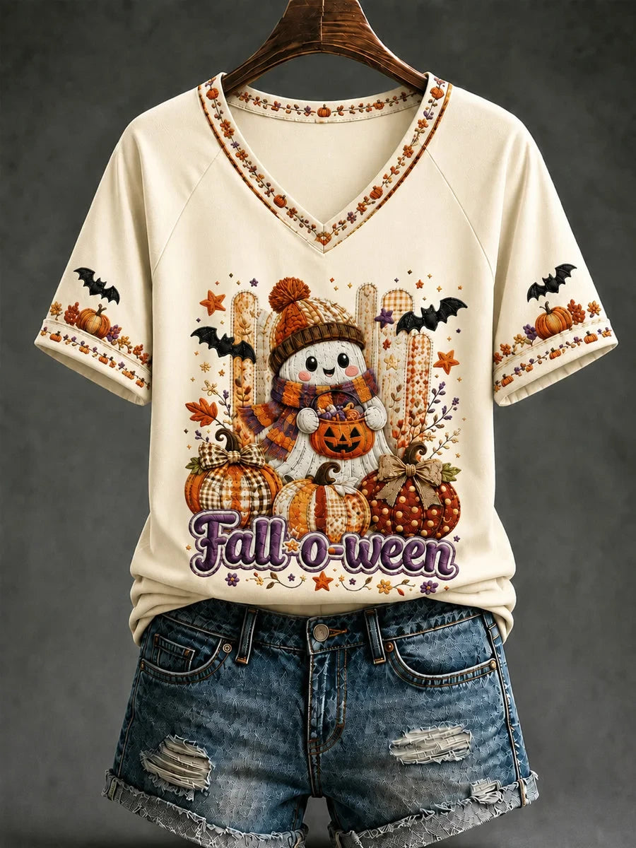 Cozy Autumn Halloween Fall O Ween Ghost V-Neck Shirt Halloween Apparel