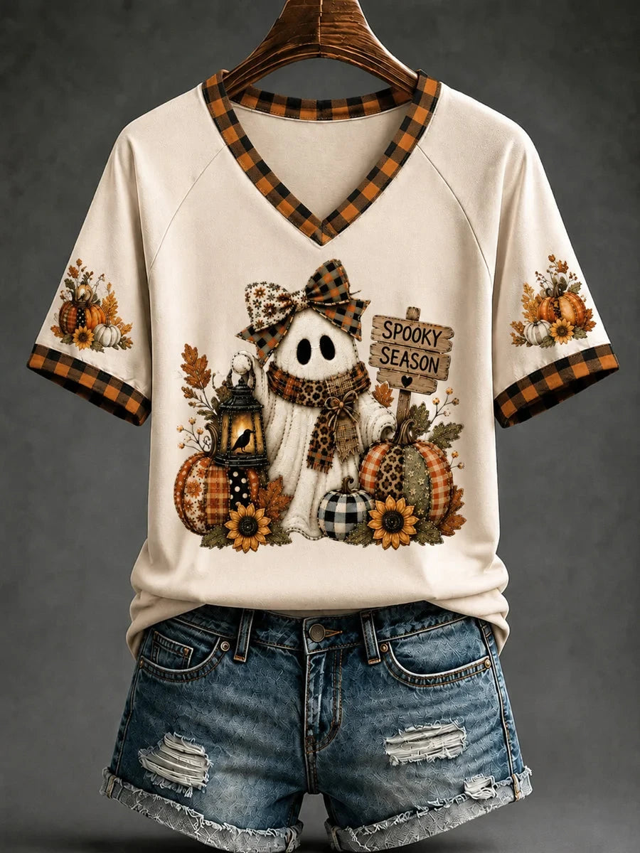 Cozy Autumn Halloween Ghost Pumpkin Spice V-Neck Shirt Thanksgiving Clothing Gifts For Wife