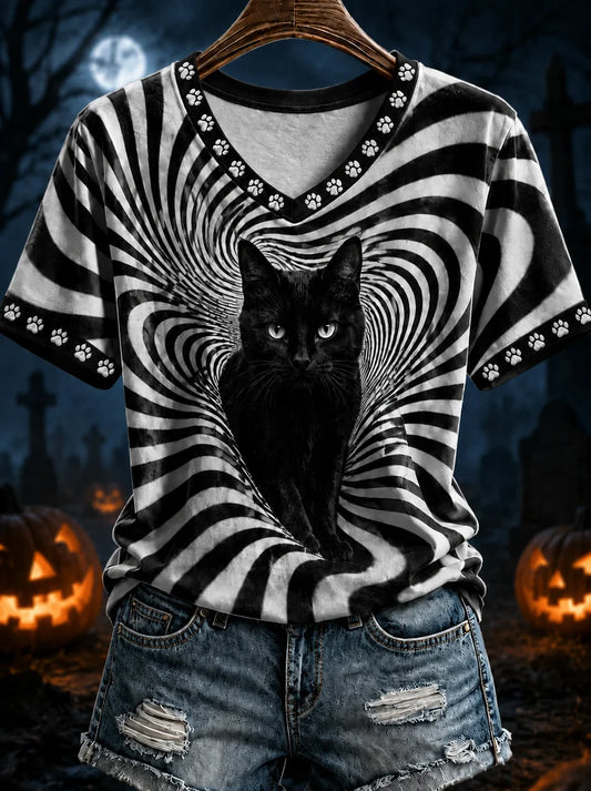 Black Cat Stripes Halloween V-Neck Shirt Holiday Clothing Cool Gifts For Cat Lovers