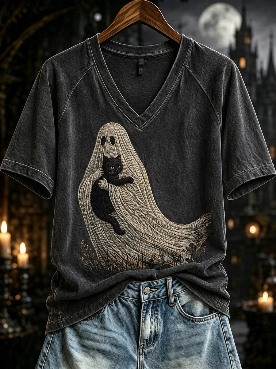 A Ghost Holding A Cat V-Neck Shirt Halloween Merch Gifts For Girlfriend