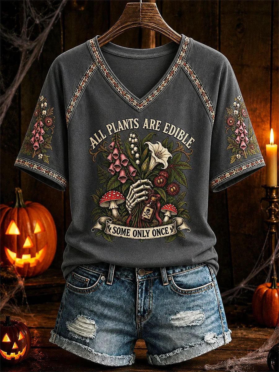 All Plants Are Edible Some Only Once Halloween Floral V-Neck Shirt Halloween Merch Gifts For Her