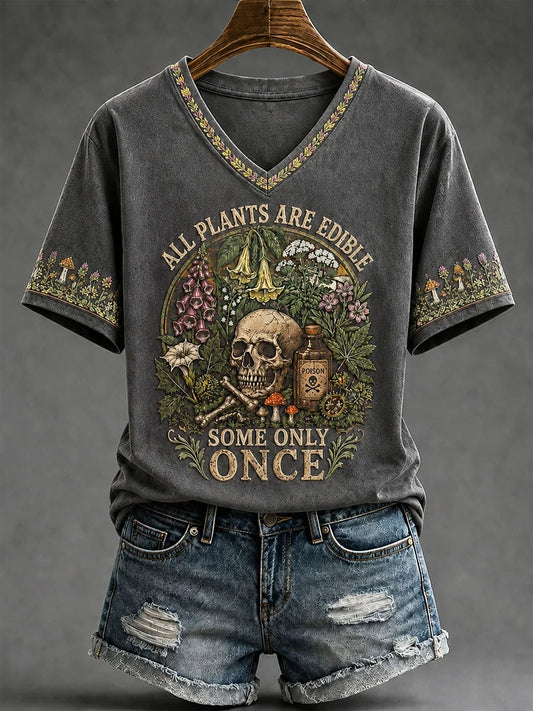 All Plants Are Edible Some Only Once Halloween Floral V-Neck Shirt Holiday Clothing Gifts For Wife
