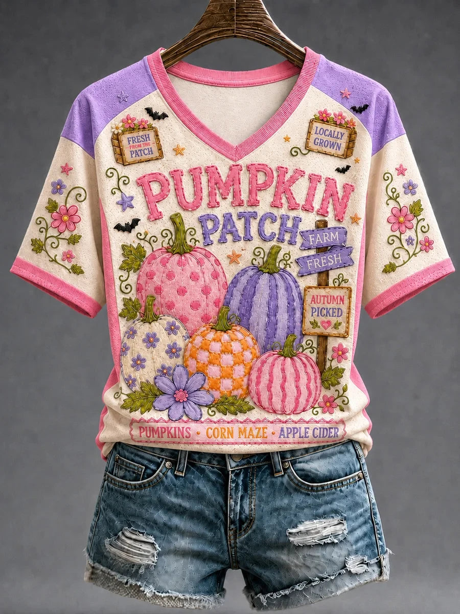 Fall Halloween Pumpkin Bat Floral V-Neck Shirt Halloween Clothes Cool Gifts For Girlfriend