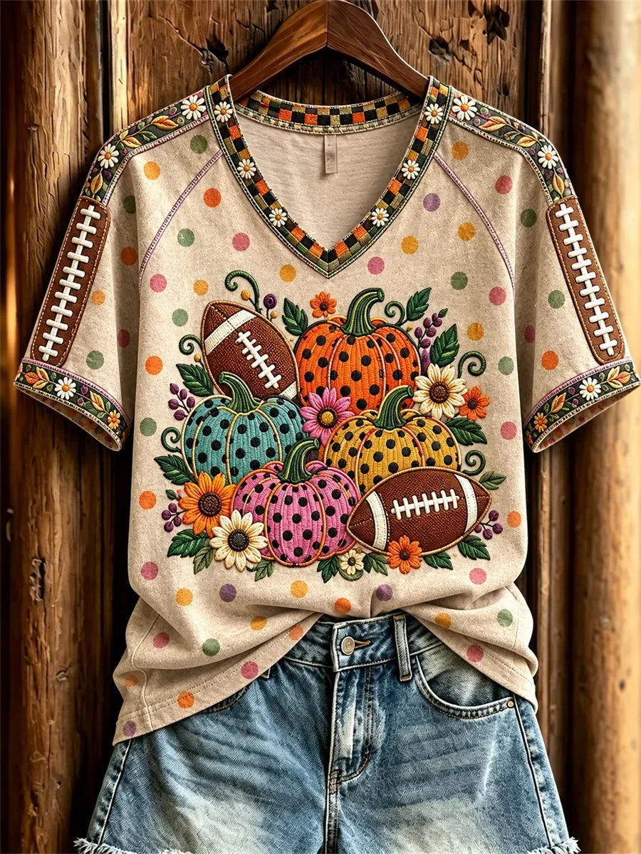 Football & Halloween Pumpkins Floral Polka Dots Art V-Neck Shirt Halloween Clothes Gifts Idea For Besties