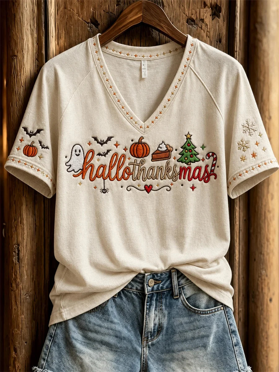 Hallothanksmas Wonderful Holiday Season V-Neck Shirt Halloween Clothing Line Gifts For Wife