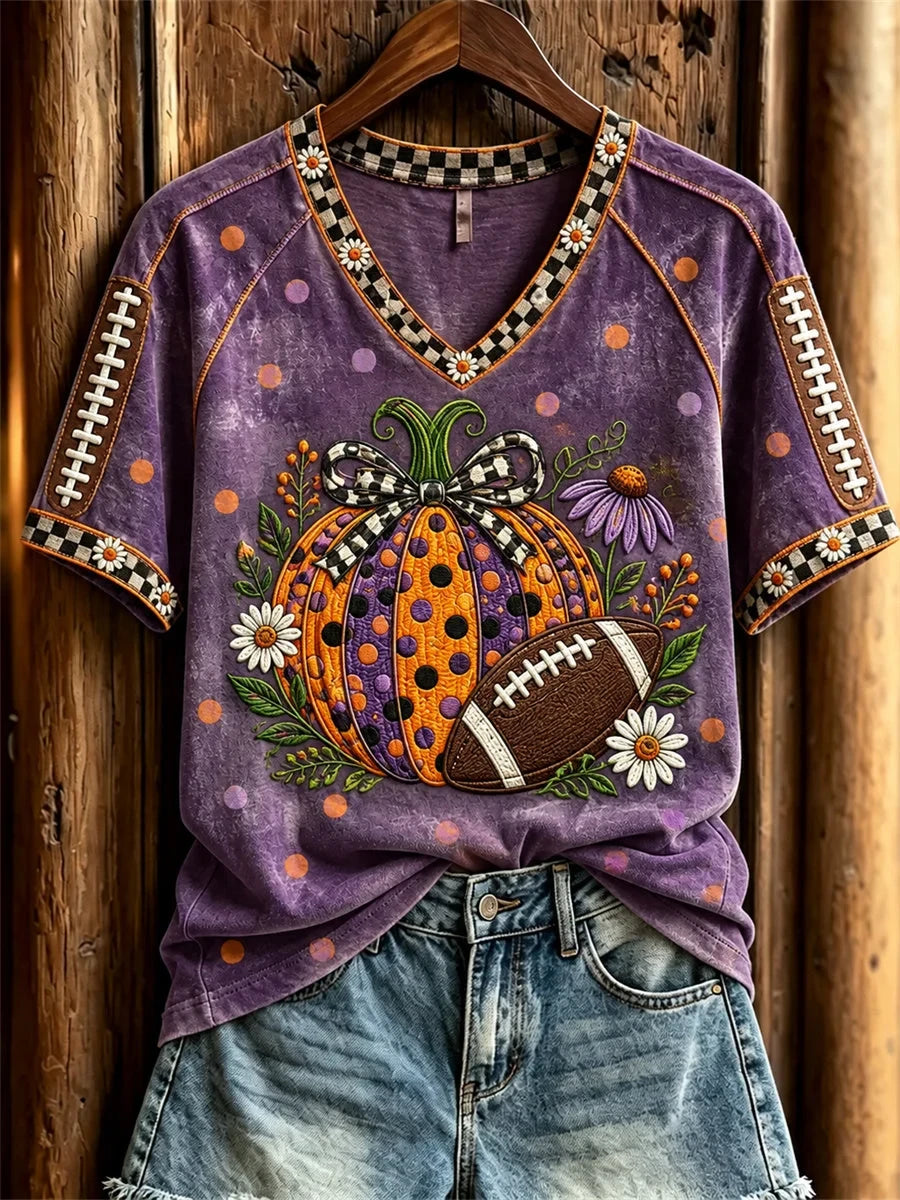 Football & Halloween Pumpkins Floral Polka Dots Art V-Neck Shirt Halloween Clothing Line