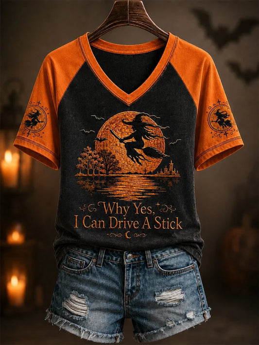 Funny Halloween Witch Why Yes Actually I Can Drive A Stick V-Neck Shirt Halloween Clothing