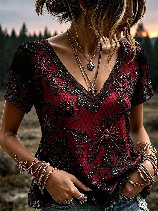 Gothic Style Floral Vintage V-Neck Shirt Halloween Apparel Presents For Wife