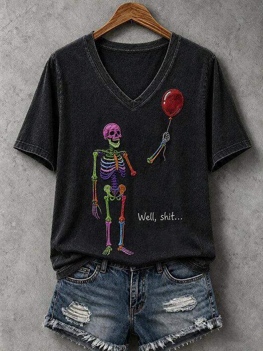 Halloween Colorful Gothic Skull Well S V-Neck Shirt Halloween Merch Cool Gifts For Girlfriend