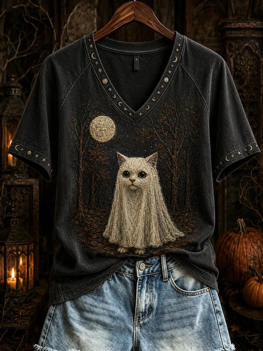 Halloween Cute Cat Pattern V-Neck ShIrt Halloween Clothing Cool Gifts For Cat Lovers