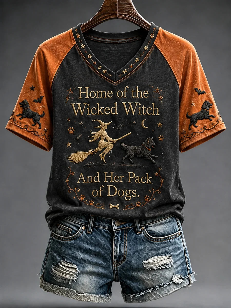 Halloween Dog Witch Gothic V-Neck Shirt Halloween Merch Presents For Dog Lovers