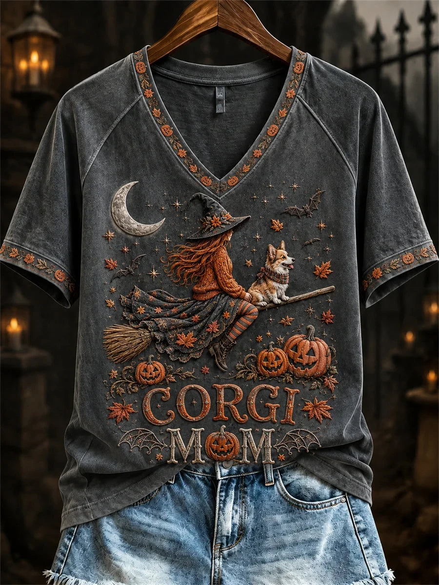 Halloween Fall Corgi Mom Witch & Dog V-Neck Shirt Scary Season Clothing Gifts For Corgi Lovers