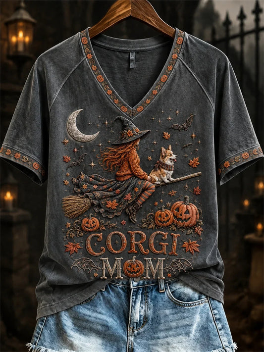 Halloween Fall Corgi Mom Witch & Dog V-Neck Shirt Scary Season Clothing Gifts For Corgi Lovers