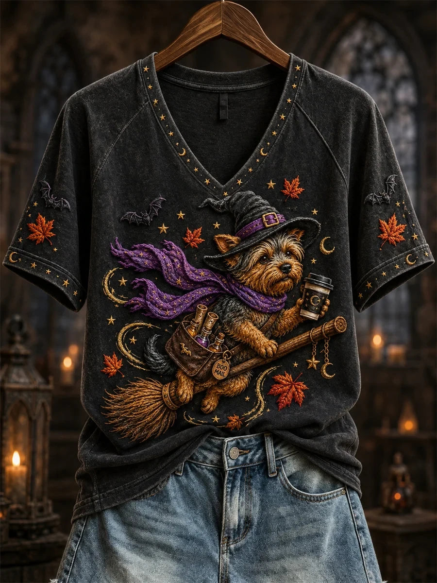 Halloween Fall Flying Yorkshire Dog Witch V-Neck Shirt Halloween Clothing Gifts For Dog Lovers