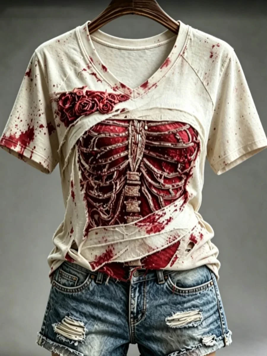 Halloween Bloody Human Skeleton With Floral Art V-Neck Shirt Haunted Halloween Clothing