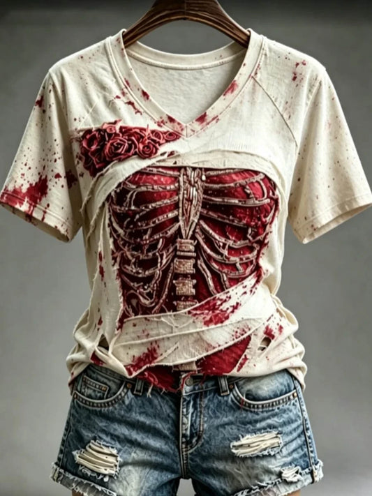 Halloween Bloody Human Skeleton With Floral Art V-Neck Shirt Haunted Halloween Clothing