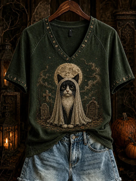 Halloween Cute Cat Pattern V-Neck Shirt Halloween Clothing Presents Ideas For Cat Lovers