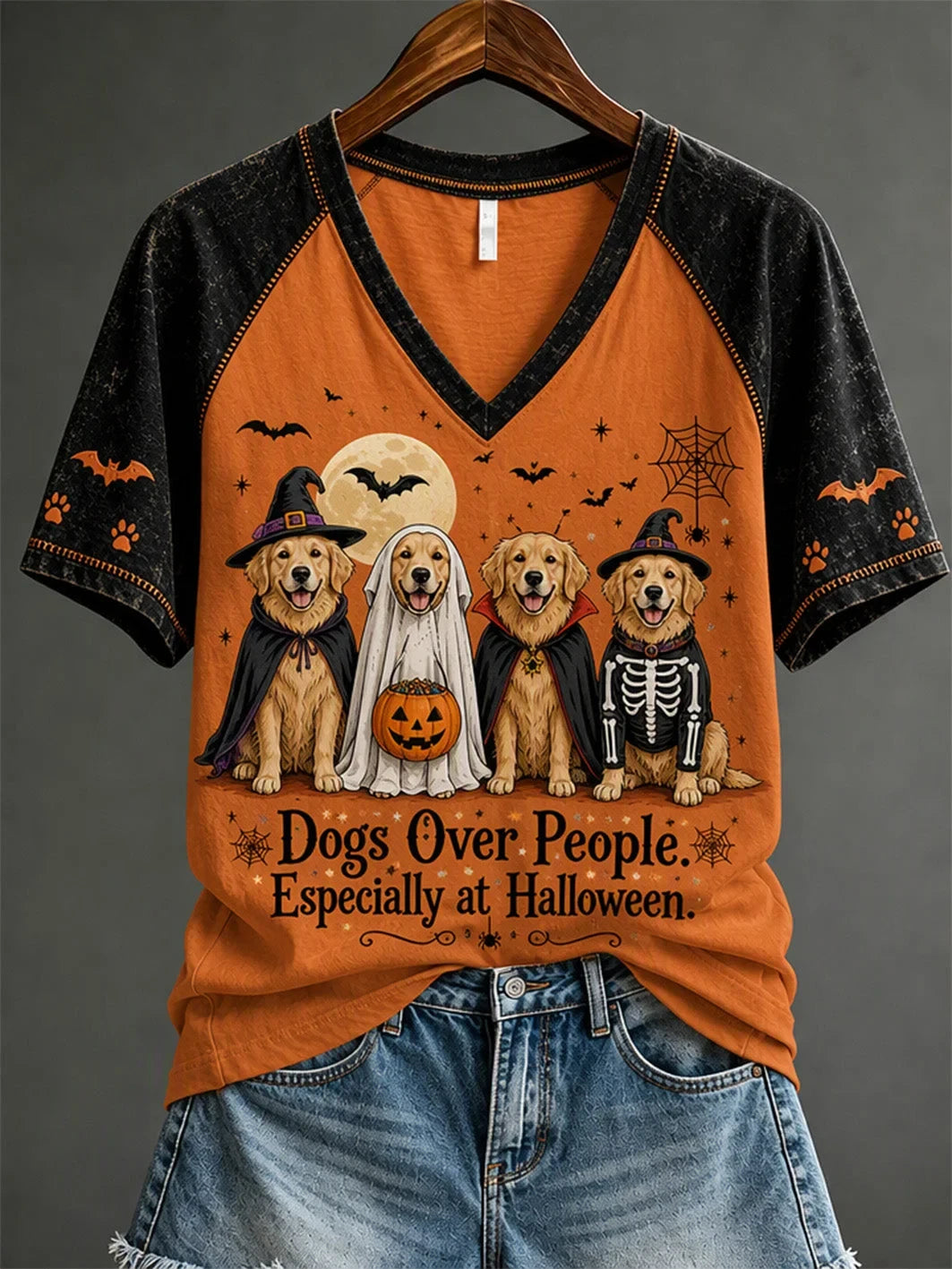 Halloween Fun Dog Pattern V-Neck Shirt Halloween Apparel Best Gifts For Dog Lovers