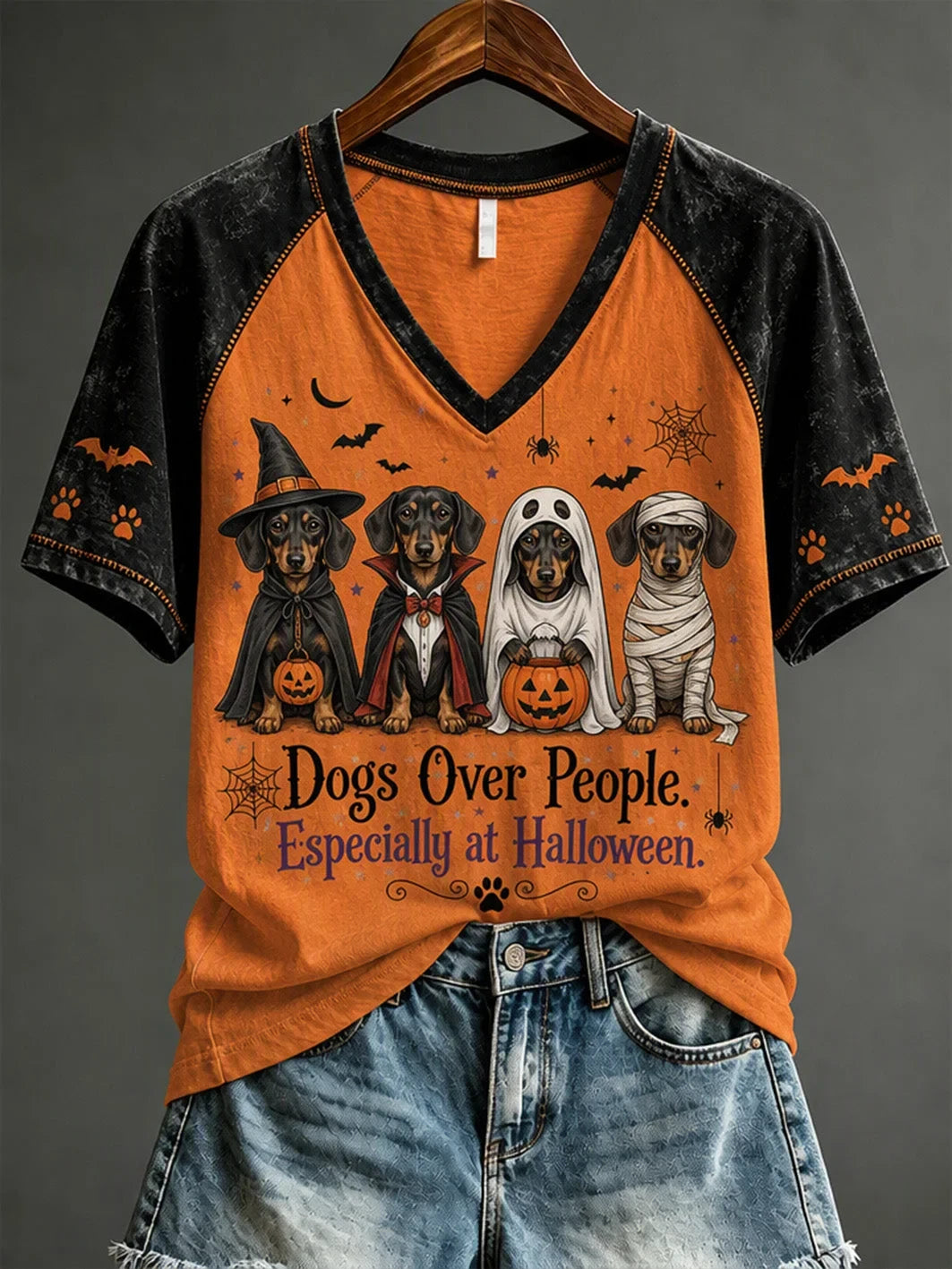 Halloween Fun Dog Pattern V-Neck Shirt Halloween Clothes Holiday Gifts For Dog Mom