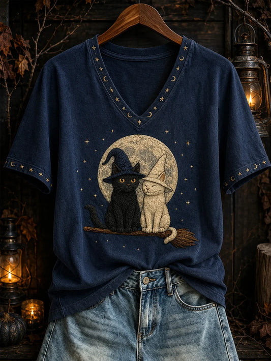 Halloween Cute Cat Pattern V-Neck Shirt Halloween Clothing Gifts Ideas For Sister