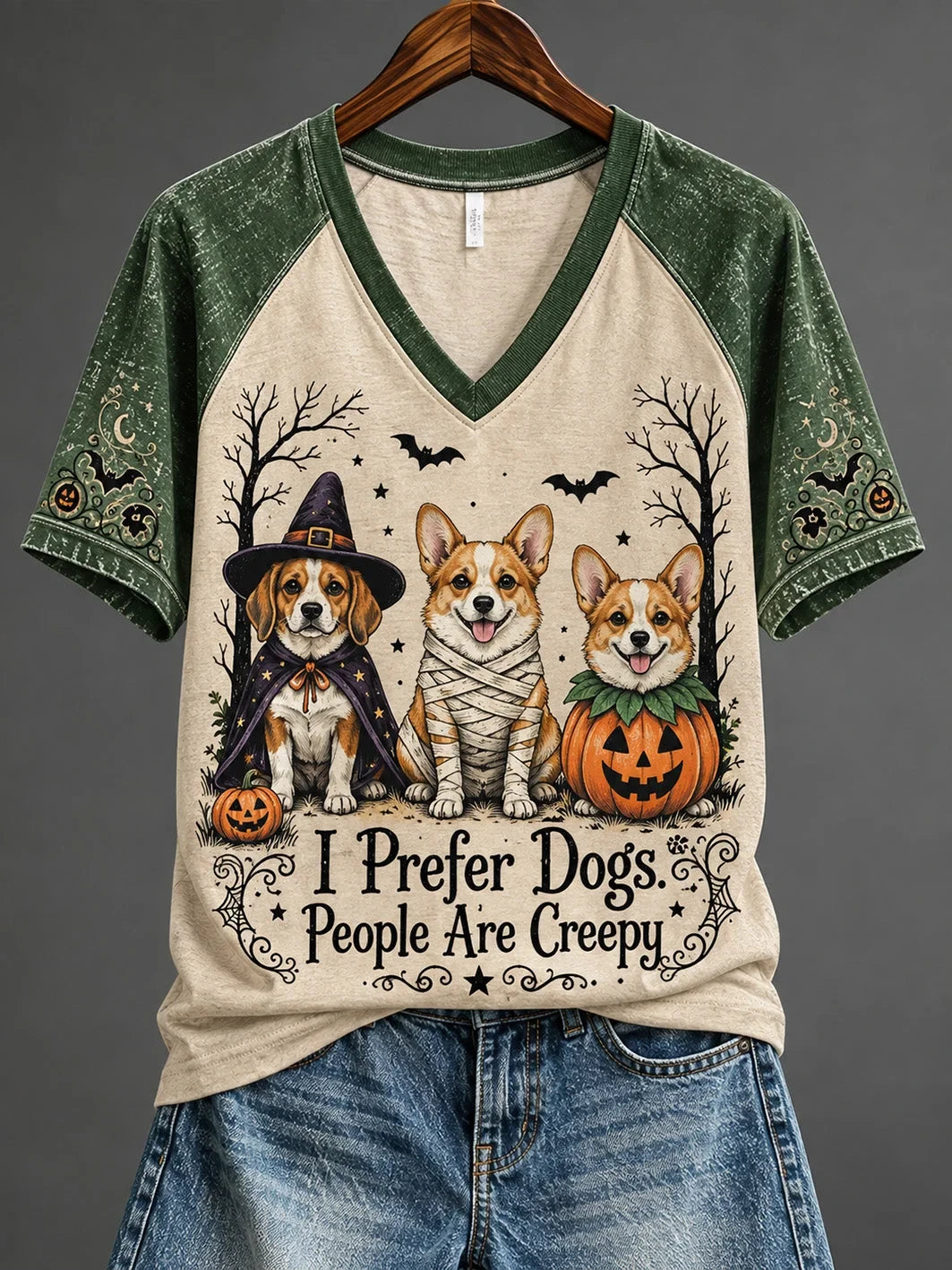 Halloween Fun Dog Pattern V-Neck Shirt Holiday Clothing Halloween Gifts For Dog Lovers