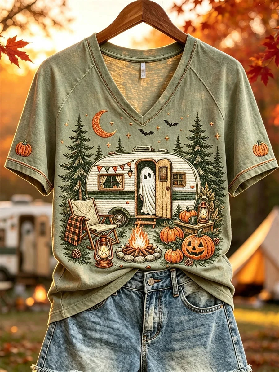 Halloween Ghost Fall RV Camping V-Neck Shirt Halloween Clothing Gifts For Sister