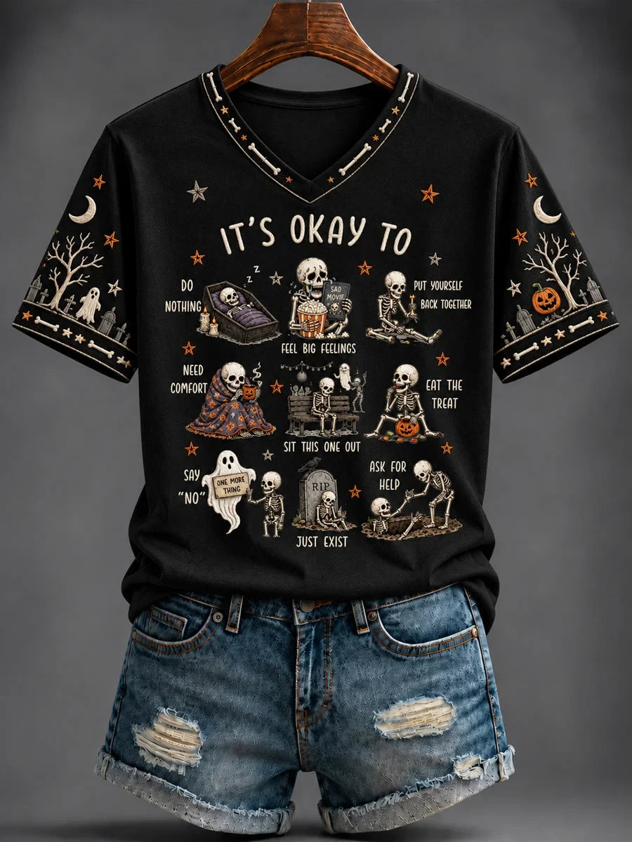 Halloween It's Okay To Skeleton Graphic V-Neck Shirt Halloween Clothing Gifts For Girlfriend