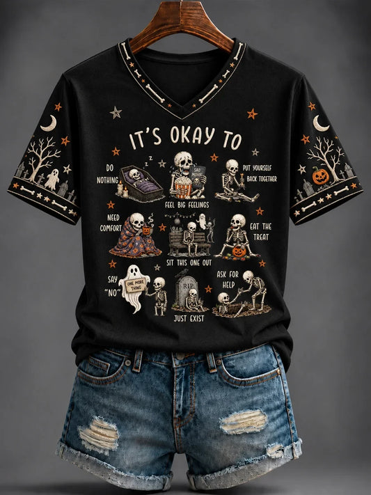 Halloween It's Okay To Skeleton Graphic V-Neck Shirt Halloween Clothing Gifts For Girlfriend
