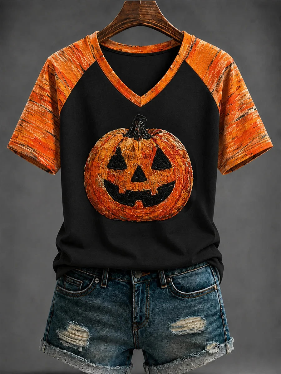 Halloween Pumpkin Graphic V-Neck Shirt Halloween Clothing Gifts For Girlfriend